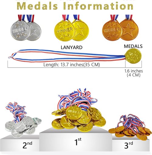 36 Pieces Kids Gold Silver Bronze Award Medals, Childrens Plastic Medals Winner Gold Silver Bronze Award Medals for Kids Gift, Games Competitions, Party Favors and Decorations