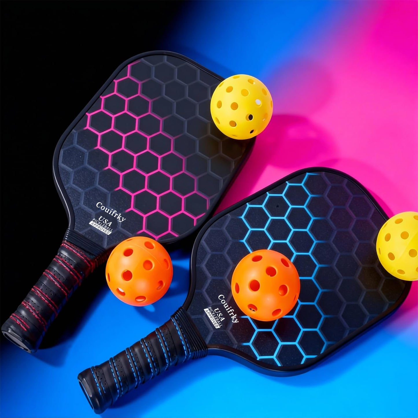 Couifrky Fiberglass Pickleball Paddles Set of 2-4 Indoor/Outdoor Balls & Carry Bag, Professional Grade for All Skill Levels Men Women Beginners (Blue & Red)