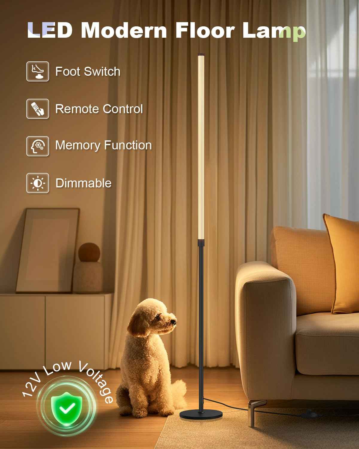 Minimalist Corner Floor Lamp - 3000K-6000K LED Linear Standing Lamp - Dimmable Modern Floor Lamp with Remote & Foot Switch for Living Room, Bedroom -12W (Black)