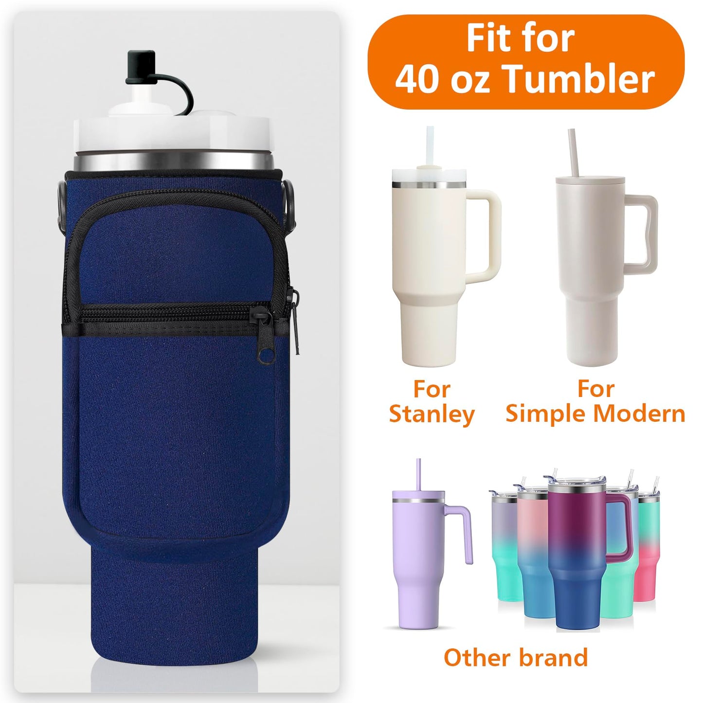 AceTreker Water Bottle Carrier Bag for Stanley 30/40oz Tumbler with Handle Simple Modern Sleeve Holder with Strap & 2 Pockets Neoprene Metal Travel Coffee Mug Carrying Accessories-Black
