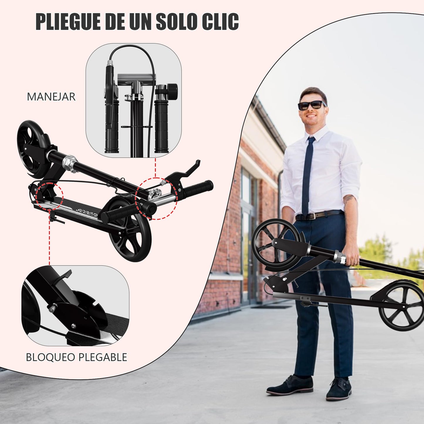 Non-Electric Scooters for Kids 8-12, Teens & Adults - Foldable Commuter Scooter with 8" Wheels, Bell, Hand Brake & Adjustable Height 30"-40.5", 220LB Capacity, Manual Push Scooter for Campus & Park