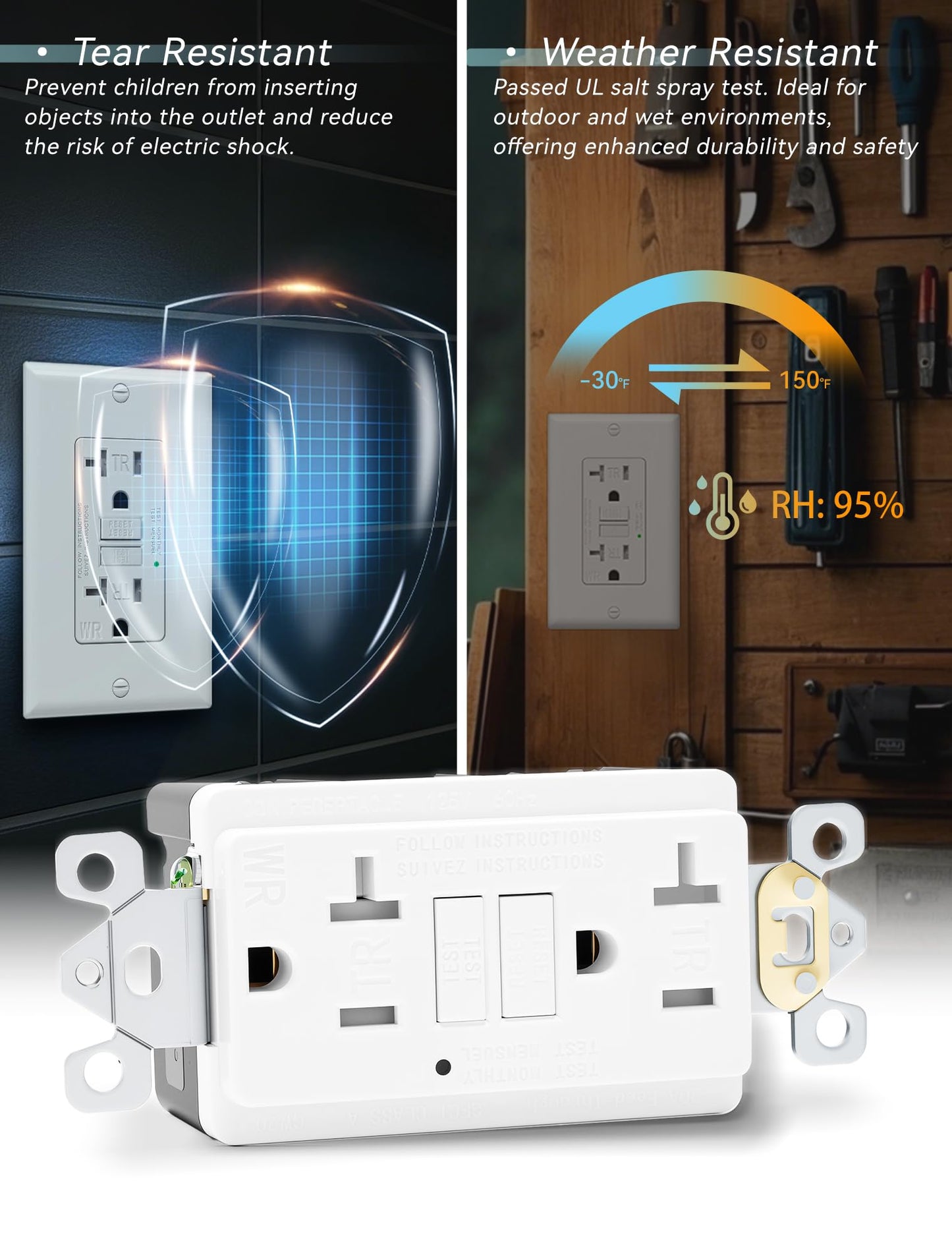 2-Pack 20 Amp GFI Electrical GFCI Outlet Self-Test Tamper Resistant (TR) Weather Resistant (WR) Ground Fault Receptacle with LED Indicator UL Listed Standard Wall Plate Included White