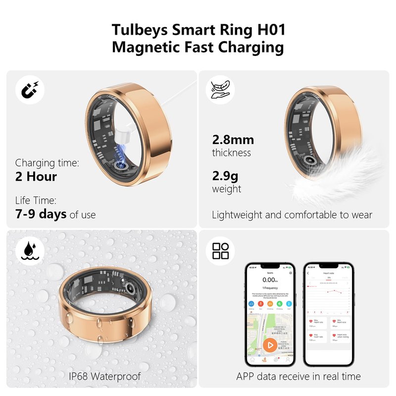 Smart Ring for Women & Men, Fitness Tracker with Heart Rate/Blood Oxygen/Sleep Tracker/Step Counter for iPhone & Android, Magnetic Charging Case, IP68 Waterproof, No Subscription Fee (Gold 11)