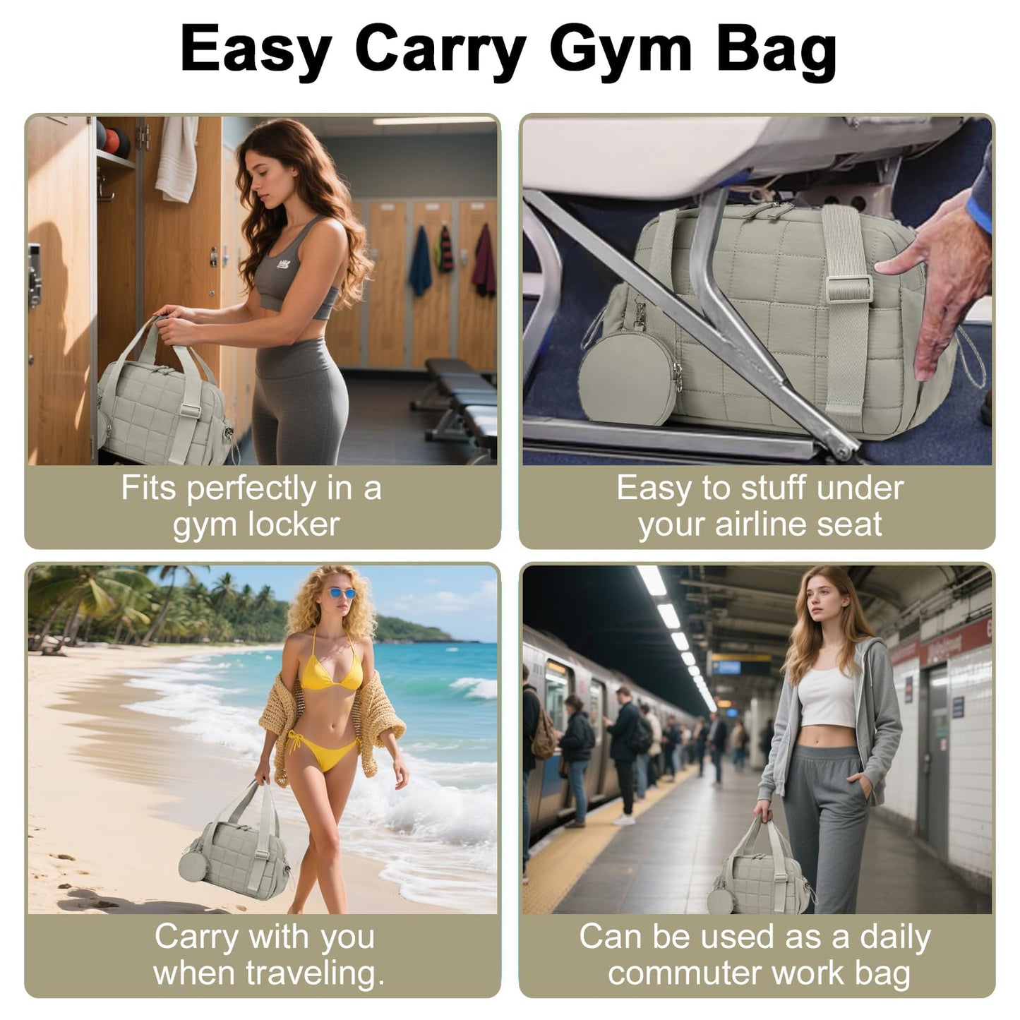 CAMTOP Mini Gym Bag for Women, Small Gym Tote Bag Puffy Quilted Sports Duffel Bag with Wet Compartment and Coin Purse Duffel Bags Dance Yoga Workout Bag for Gifts (Green, Mini-12.6")