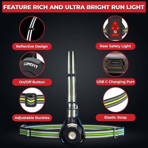 LUMEFIT Running Lights - Adjustable LED Chest Light with Yellow Reflective Vest for Night Safety | Rechargeable Jogging Gear
