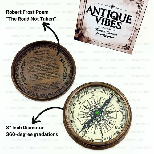 Brass Compass, Robert Frost Poem, Hiking Survival Navigation Tool, Decorative Collectible Gift to Son from Mom, Dad, Son Compass Gifts for Wedding, Anniversary, Baptism,