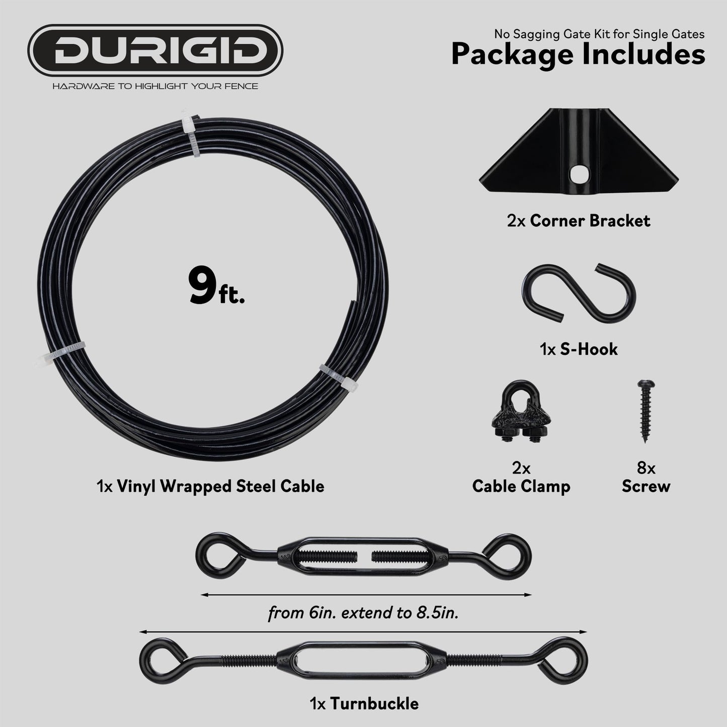 DURIGID Anti Sag Gate Kit Corner Bracket Gate Hardware Prevents Gate Prevents Gate Sagging, Gate Anti Sag Kit for Wooden Fence Features Steel Cable and Adjustable Turnbuckle to Support, Black, 1 Pack