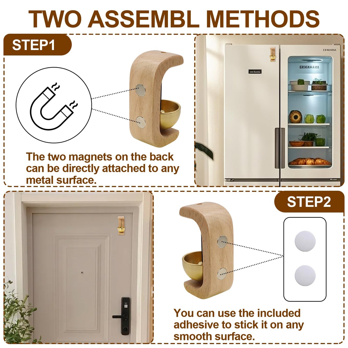 Magnetic Shopkeepers Bell, Decorative Wooden Chime with Brass Bell,with Self-Adhesive for Front Porch, Wall, Garden, Shop, Housewarming Gift, C Shape (2, Light)