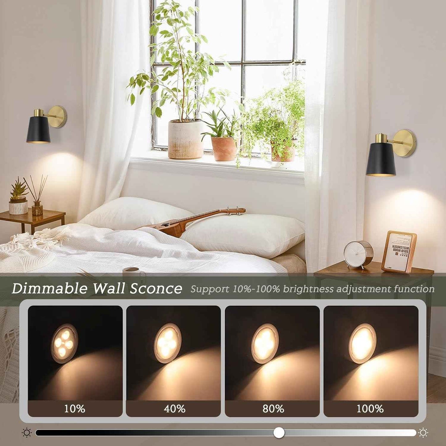 Battery Operated Wall Sconce Set of 2 - Modern Wireless Vintage Black & Gold Lamps with Remote Control for Living Room & Bathroom