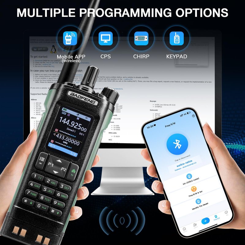 BAOFENG UV-32 10W Ham Radio Handheld, Long Range Two Way Radio Multi-Band with GPS, Chirp & Wireless APP Programmable, 2.0” Large Color Display, 1000CHs, USB-C Charging Port, Extra Long Airband ANT