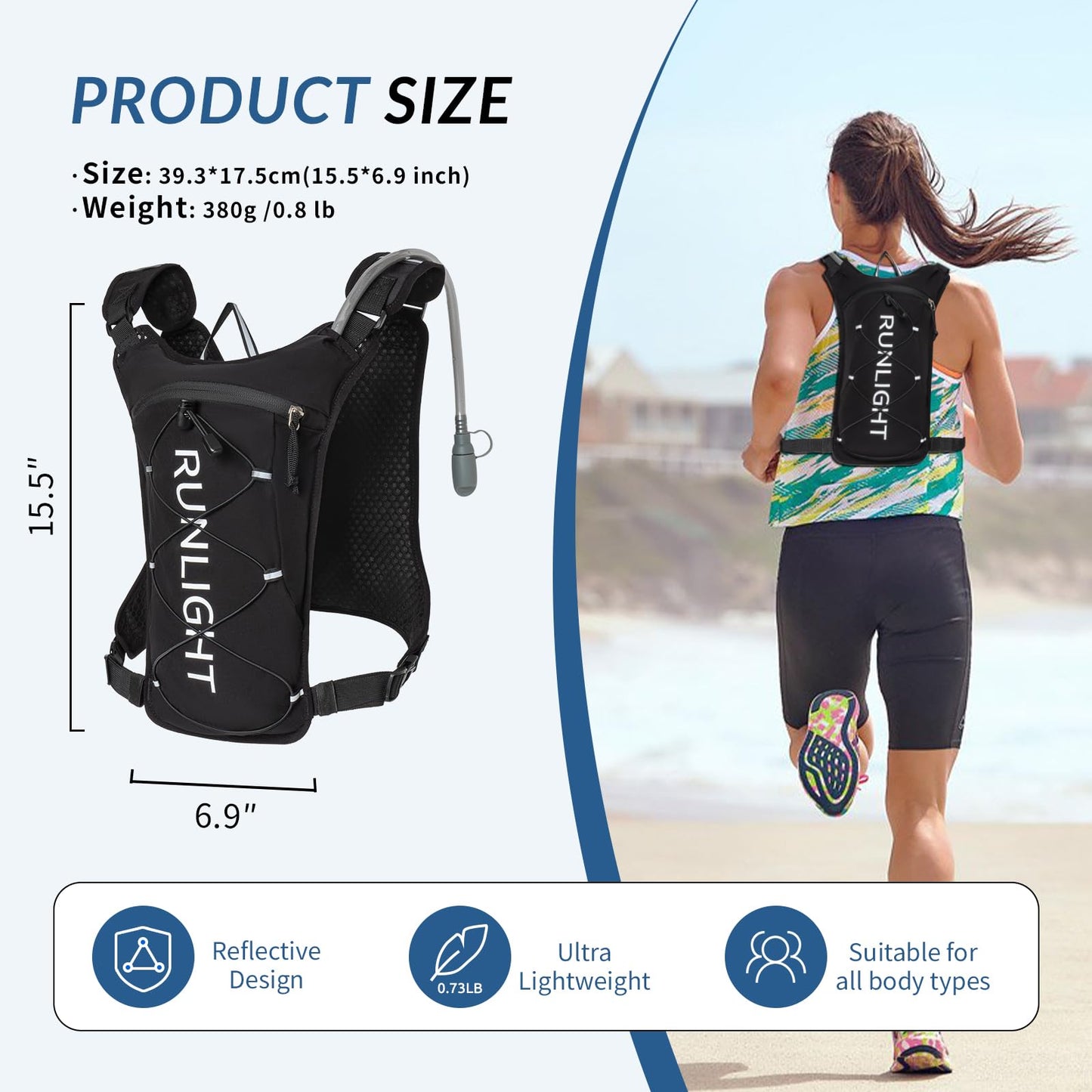 Runlight Running Vest,Lightweight Adjustable Chest Pack with Pistol Holster, Pack with 1.5L Water Bladder, Reflective Running Hydration Vest (Black, One Size)