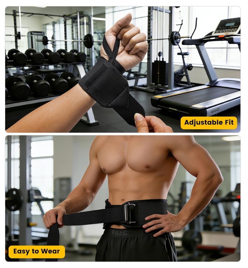 Weightlifting Belt & Wrist Wraps Combo - Auto-Lock Weight Lifting Belt 6.5" Back Support with 0.4" Foam, Adjustable Wrist Wraps for Weightlifting - for Men & Women Beginners & Pros (Black, M)