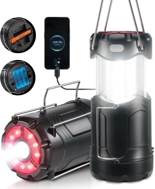 Consciot Collapsible LED Camping Lantern - USB C Rechargeable & Battery Powered | 2-in-1 Emergency Light, Black