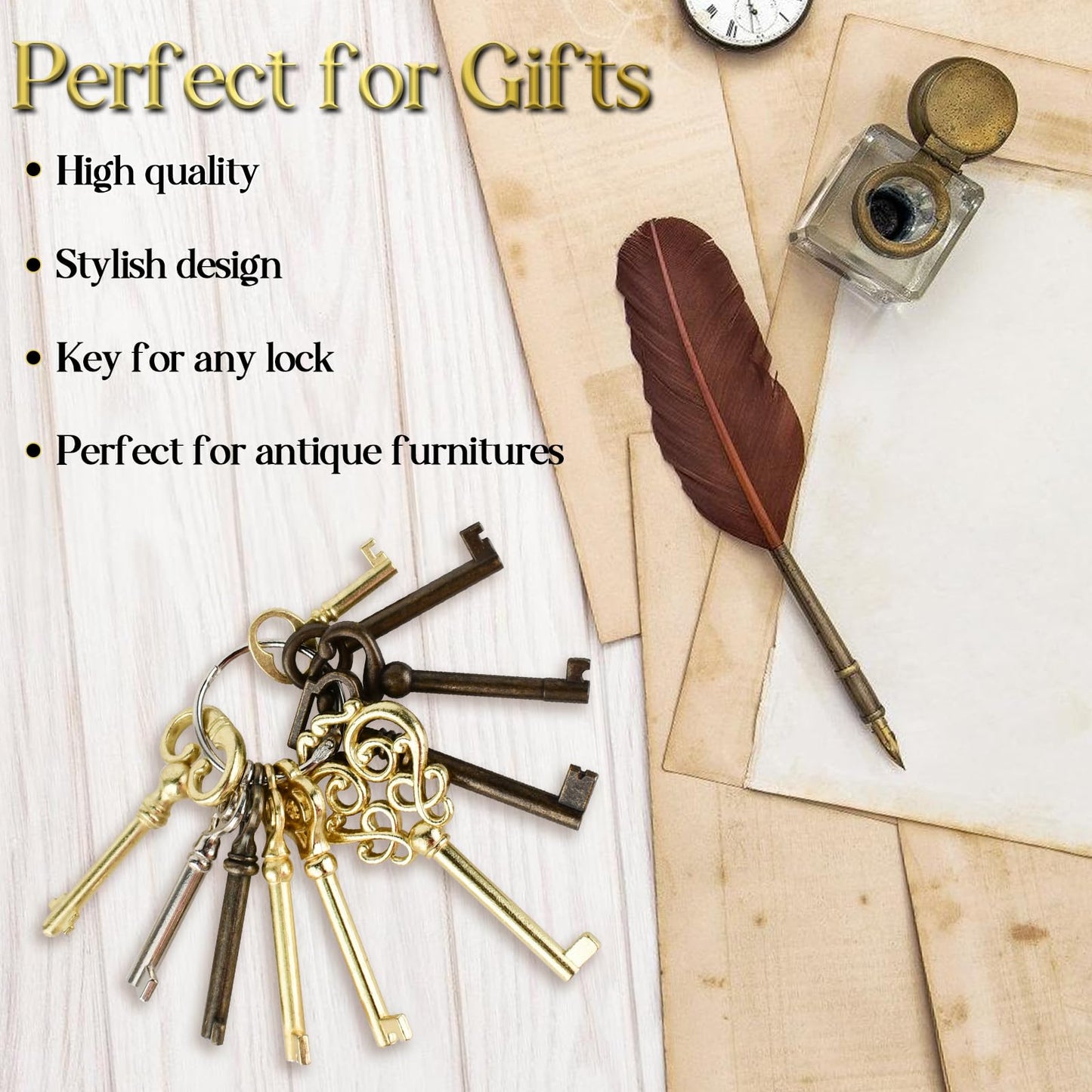 10PCS Skeleton Key Set Reproduction for Antique Furniture, Universal Barrel Key Replacement, Antique Brass Skeleton Keys for Dresser Drawers, Vintage Clocks,Cupboards, Desk Drawer Lock