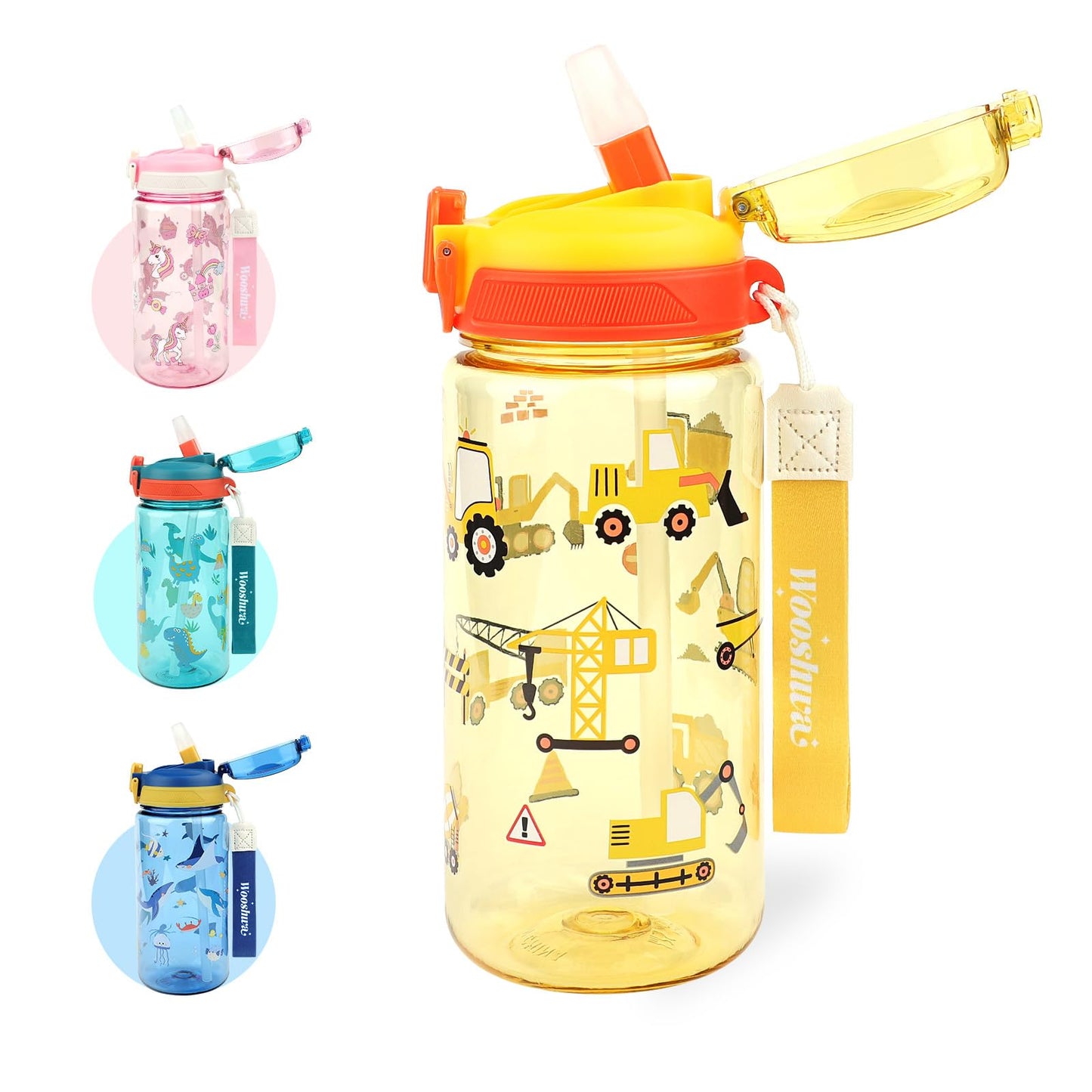 wooshwa Kids Water Bottle for School or Travel, 20 Oz Durable Plastic Water Bottle with Silicone Straw and Pop-Up Spout Cover, BPA Free & Dishwasher Safe(Excavator)