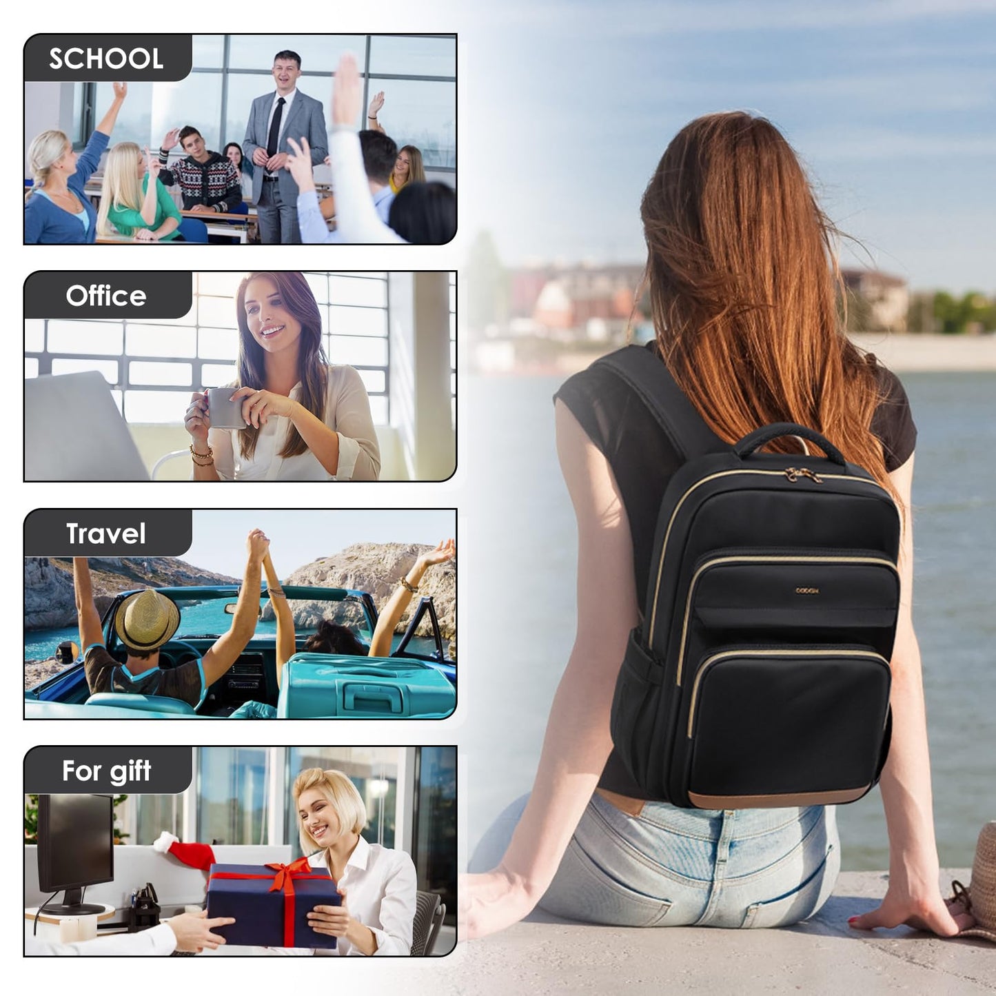 MDODO Laptop Backpack for Women,Travel Backpack with Laptop Compartment,Casual Daypack College Bookbag Computer Backpack for Work with Small Organizer Bag,Black
