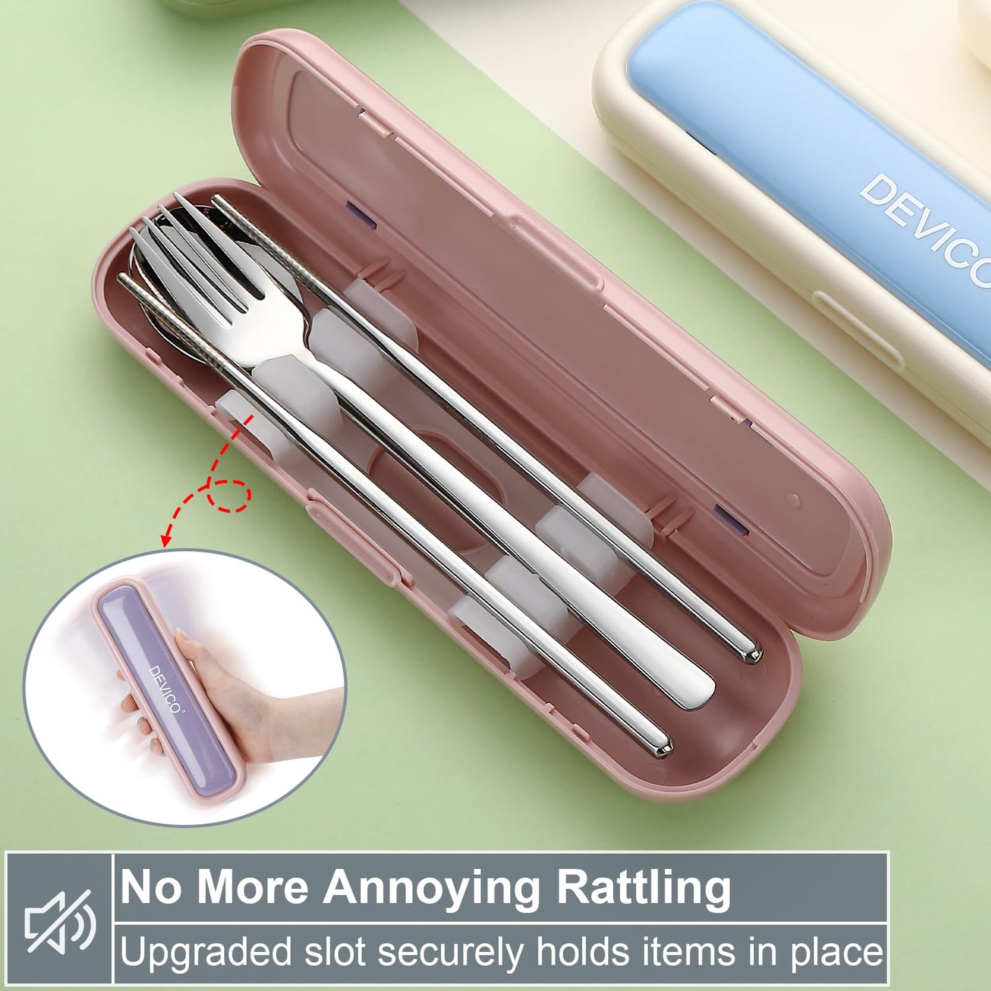 Utensils for Lunch Box, DEVICO Travel Silverware Set with Case, Portable Camping Cutlery, 18/8 Stainless Steel Reusable Korean Spoon Fork Chopsticks for School, Office, Dishwasher Safe (Pink-Purple)