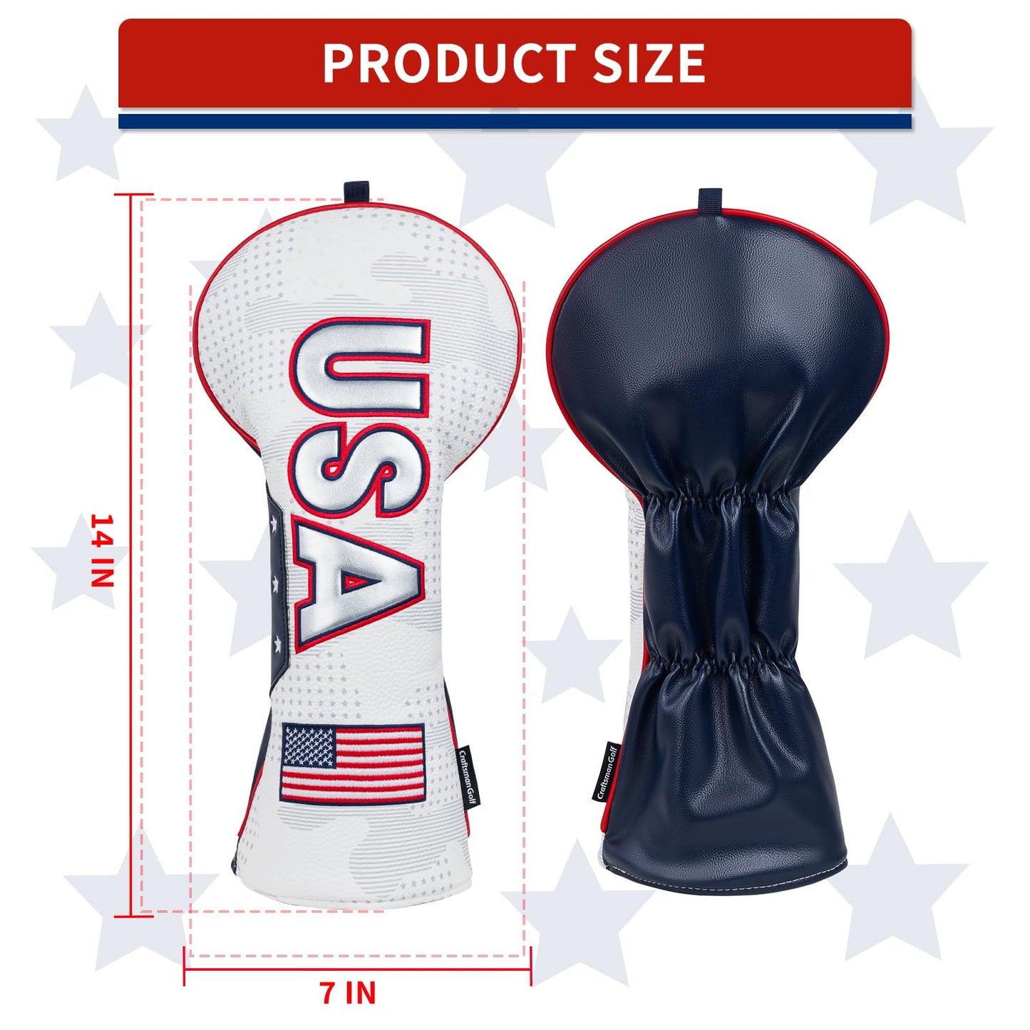 Craftsman Golf Club Head Cover USA Driver Headcover US Flag Golf Driver Head Cover USA Patriotic Golf Club Cover for Driver White Leather