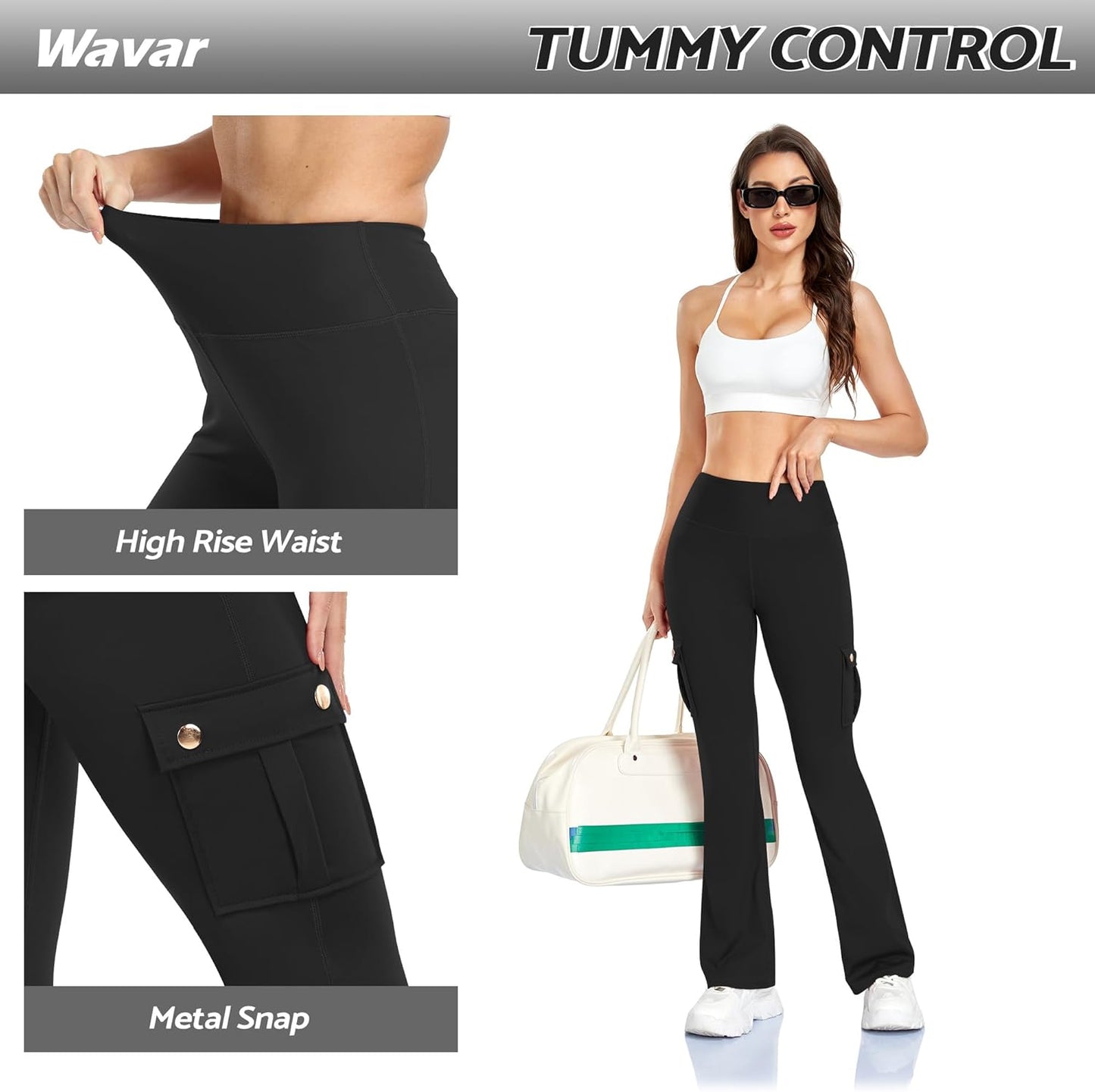 Wavar Women’s Flare Leggings - High Waisted Butt Lifting Cargo Pants with Pockets | Tummy Control