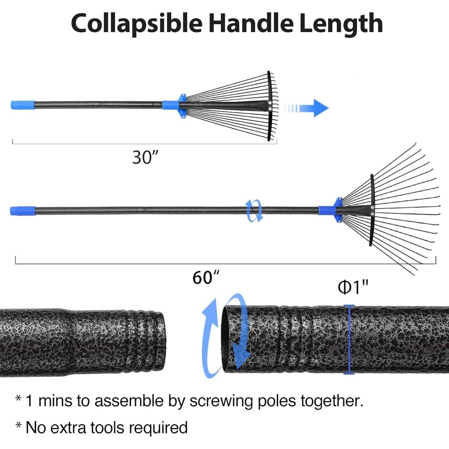 Metal Rake for Leaves Heavy Duty, Adjustable Garden Leaf Rake with Expandable Head 8-17", Shrub Pine Needle Kids Hand Yard Rake Garden Tool