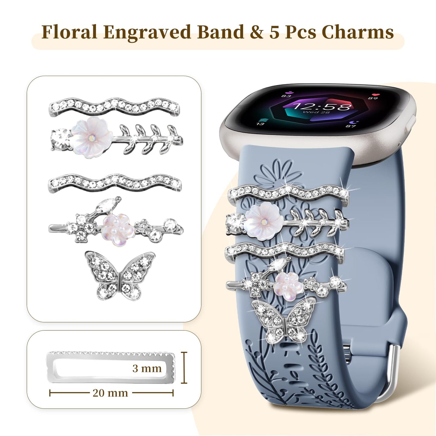 Floral Engraved Bands Compatible with Fitbit Versa 4/Versa 3/Sense 2/Sense Band with Charms, Soft Silicone Sport Fancy Replacement Wristbands Strap with Cute Decorative Rings Accessories for Women