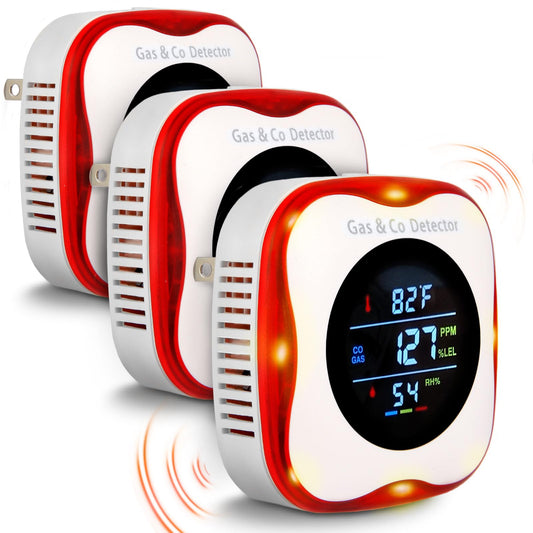 Combustible Gas & CO Detector 4-in-1 – Plug-in Natural/Propane Gas Leak Alarm with Temp & Humidity Sensor, Compact for Home, RV, Kitchen Safety