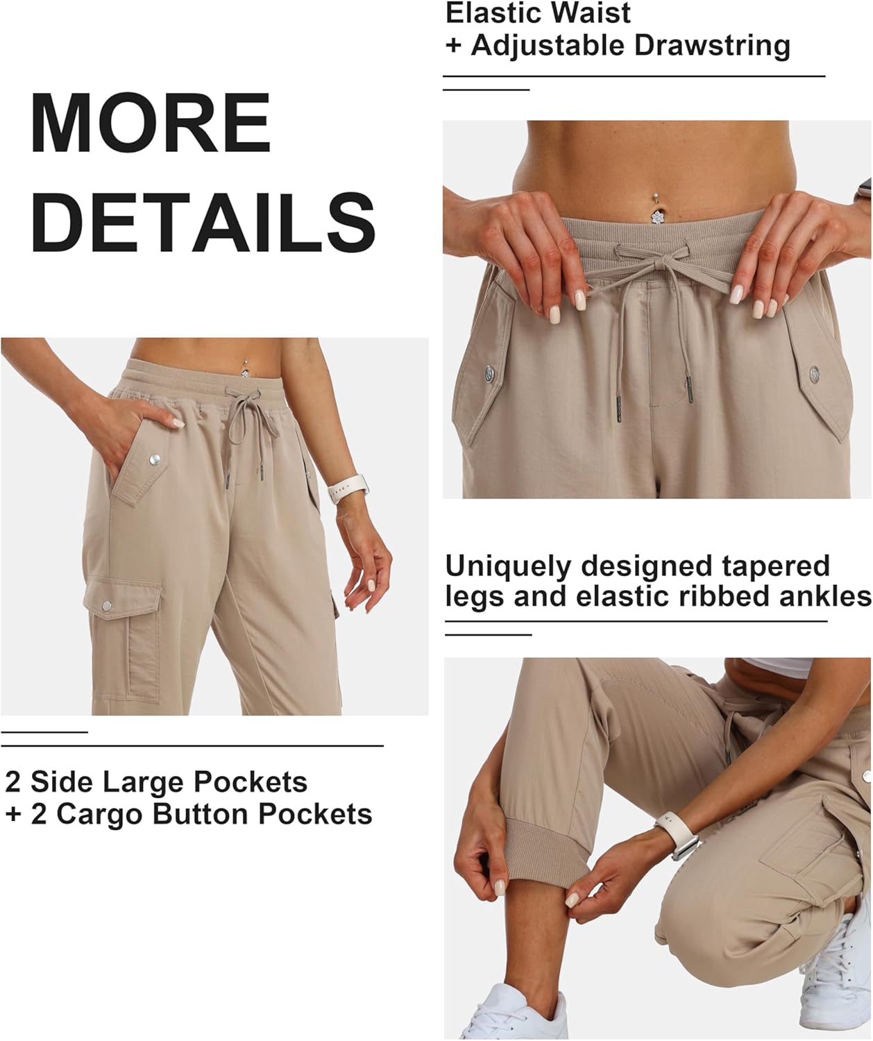 MoFiz Women's Lightweight Cargo Pants - Elastic Waist Athletic Joggers for Hiking & Travel