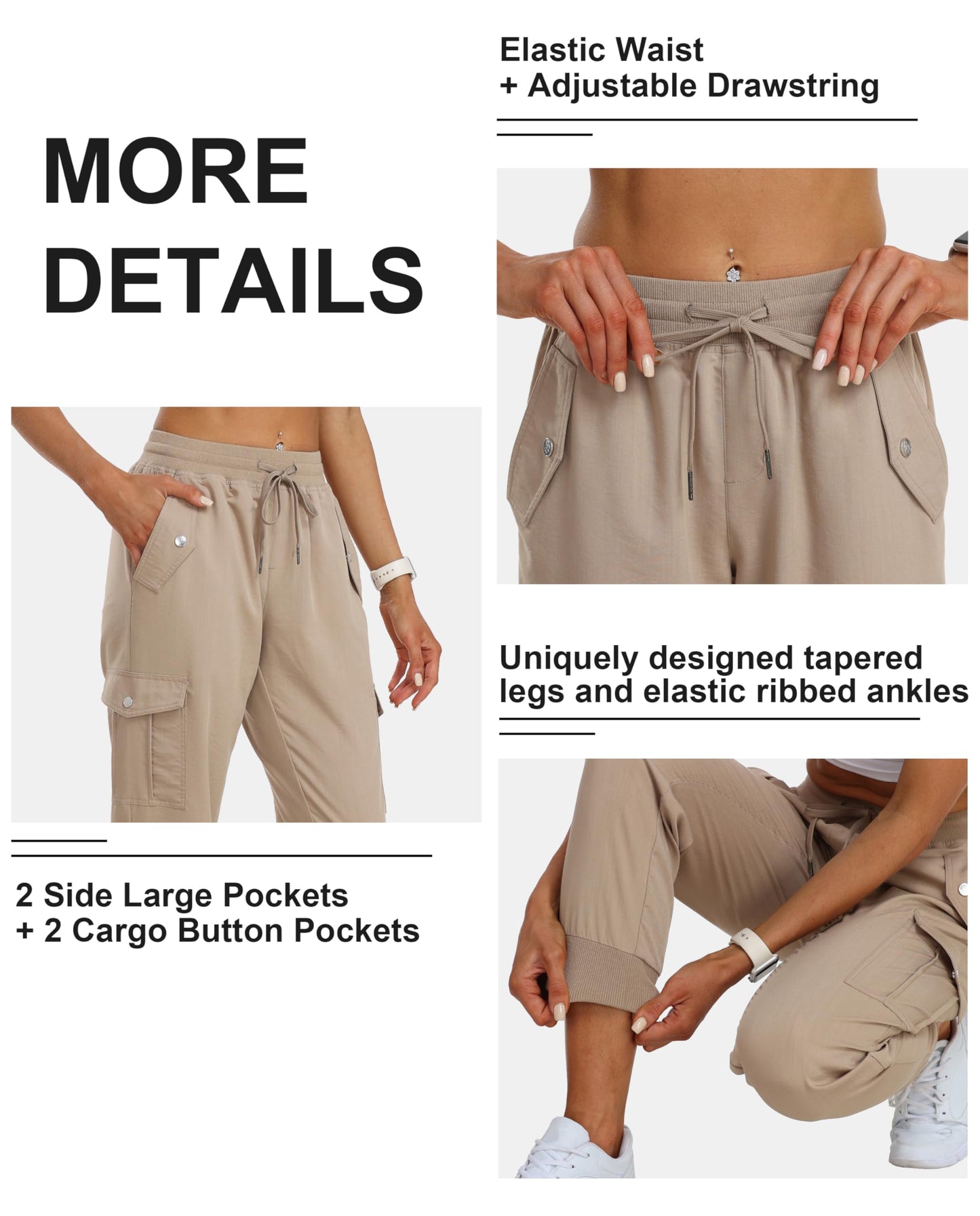 MoFiz Cargo Pants for Women Joggers Lightweight Quick Dry Running Sweatpants Outdoor Athletic Hiking Casual Travel Pant with Pocket Khaki L
