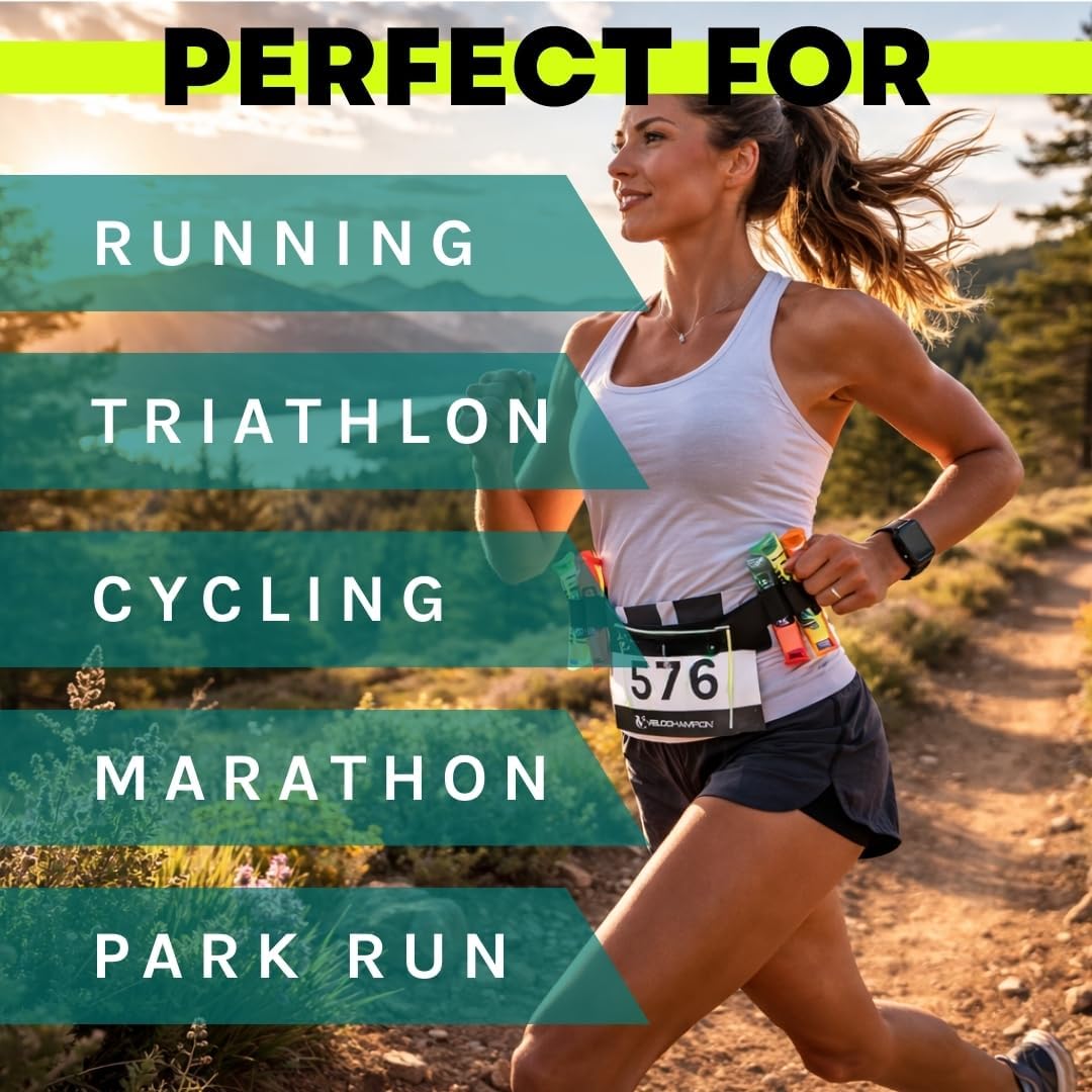 VeloChampion Lightweight Running Belt - Elasticated Fit with 6 Energy Gel Loops | No Pins Needed