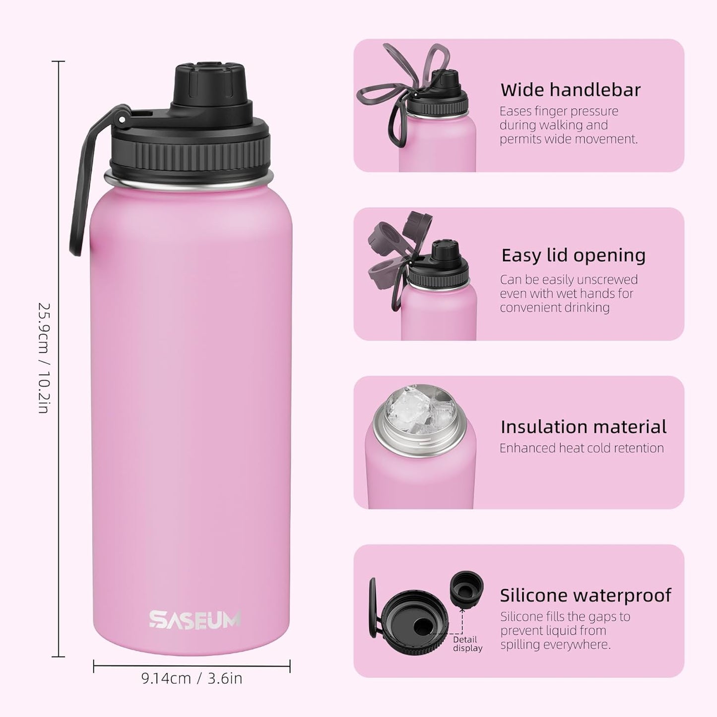 SASEUM 32oz Stainless Steel Sport Water Bottle - Double Wall Insulated Mug with Leak-Proof Lid | Pink