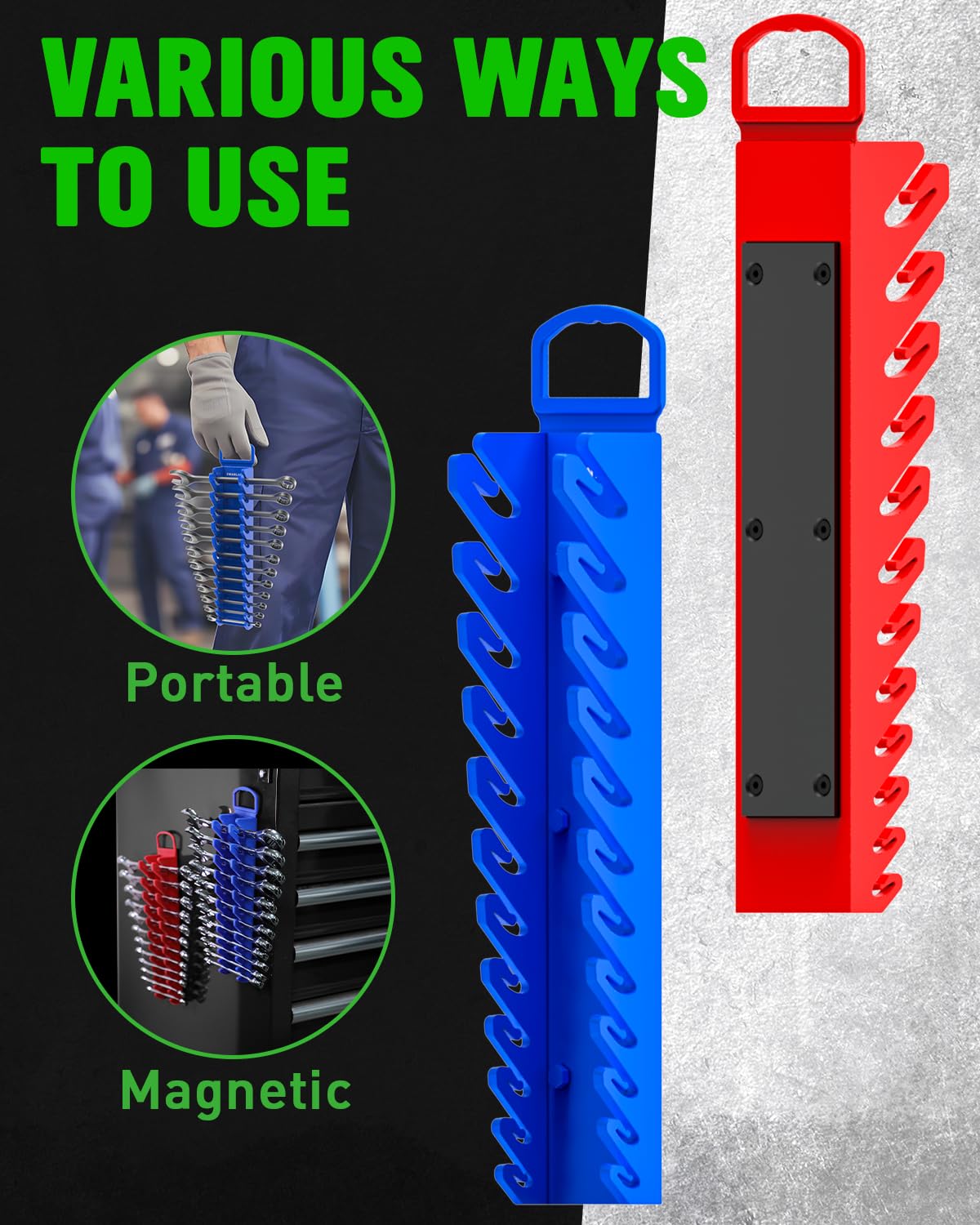 SWANLAKE 2-Piece Magnetic Wrench Organizer Toolbox Holder, SAE (1/4'' to 15/16''), Metric (6mm to 24mm) Ratchet Wrench Organizers, Total Hold 24 Slots Wrenches Holder for Tool Box