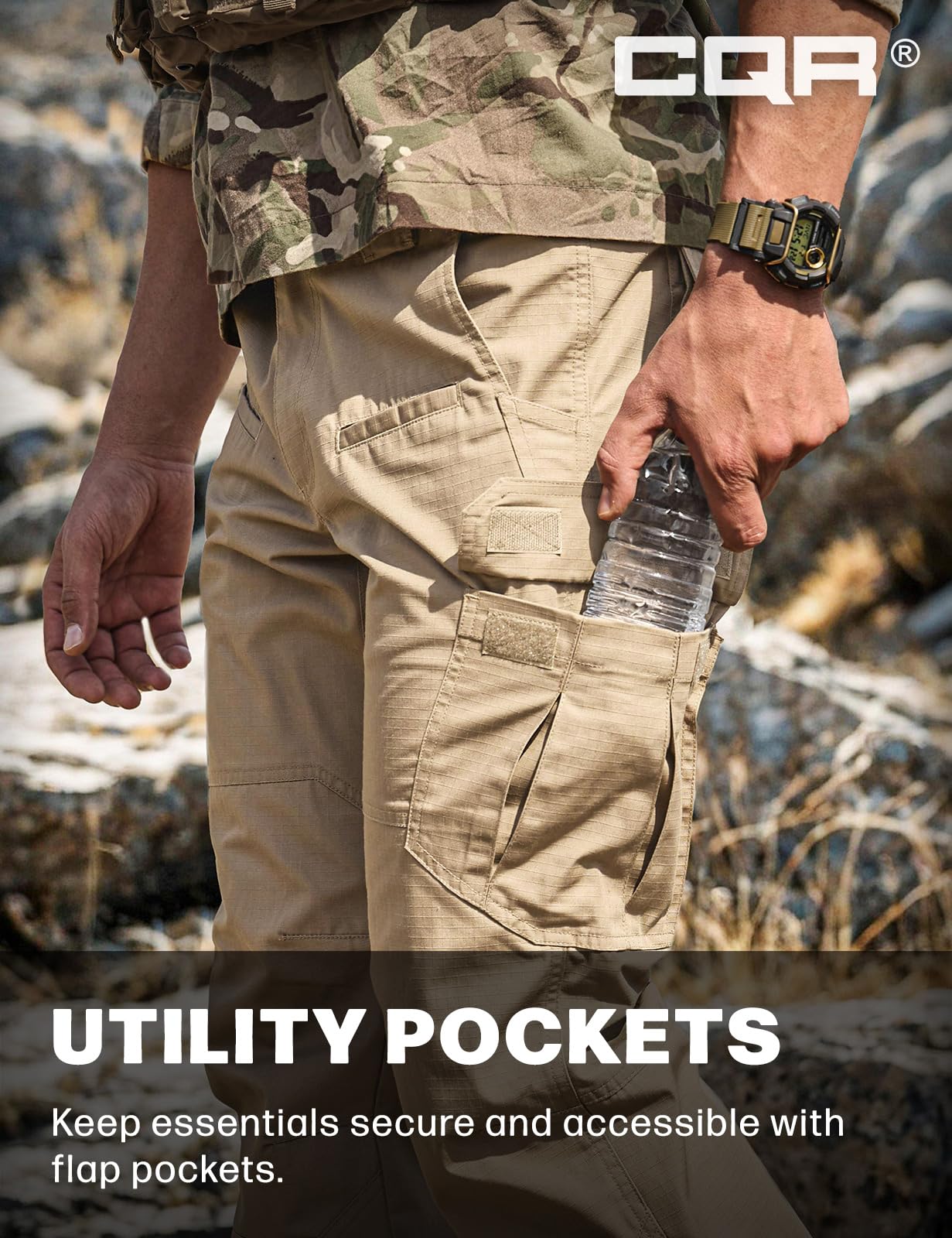 CQR Men's Tactical Pants, Water Resistant Ripstop Cargo Pants, Lightweight EDC Work Hiking Pants, Outdoor Apparel, Raider Khaki, 44W x 30L