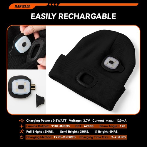 MANWALD LED Beanie Hat with Light, USB Rechargeable LED Headlamp, Gifts for Men, Mens Gifts, Birthday Gifts for Him Dad Husband, Boyfriends, Black