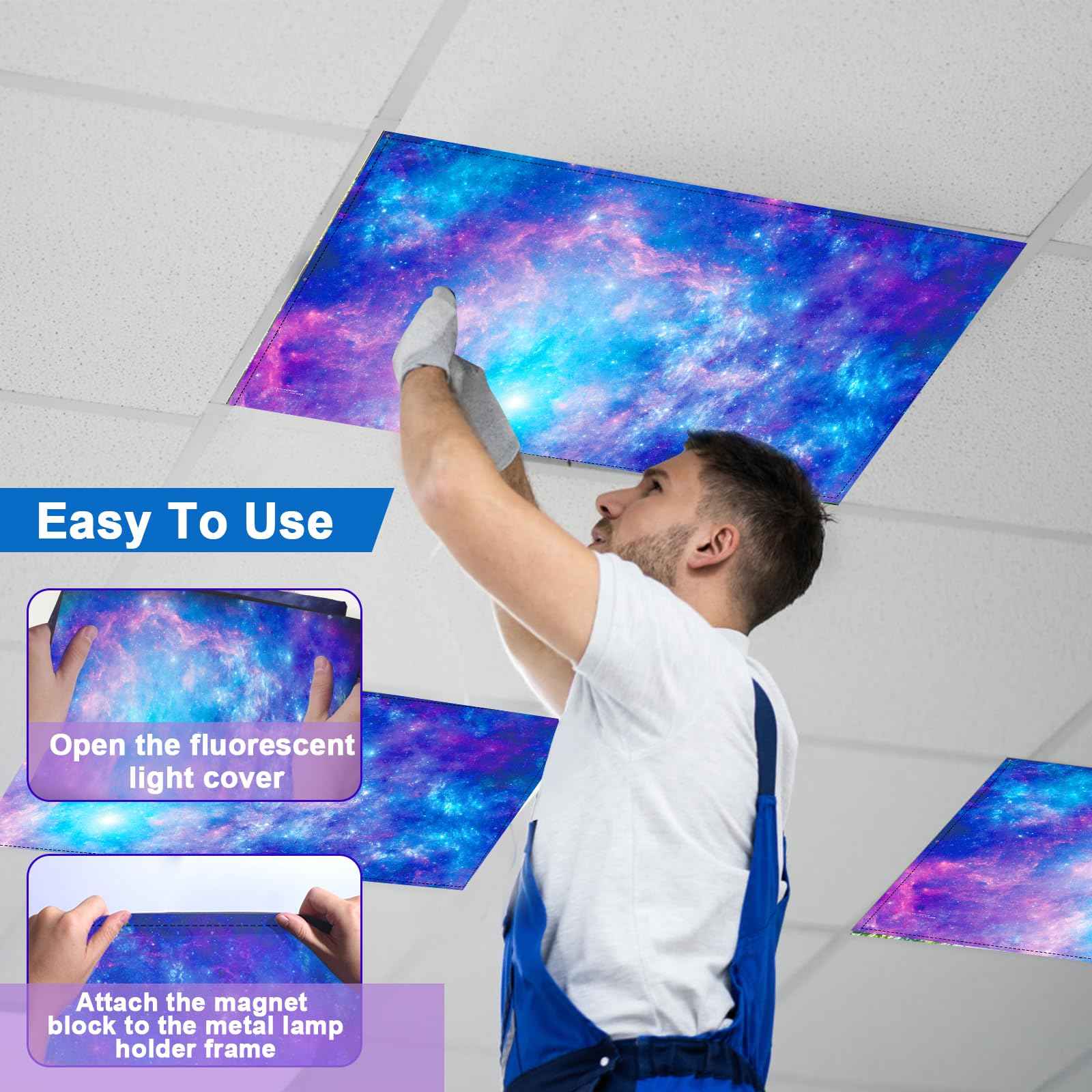 4 Pcs Fluorescent Light Covers for Ceiling Lights Classroom, Stylish Fluorescent Lampshades Classroom Light Covers Magnetic, Modern Ceiling Light Cover for Office, Home, Hospital (Purple Galaxy)