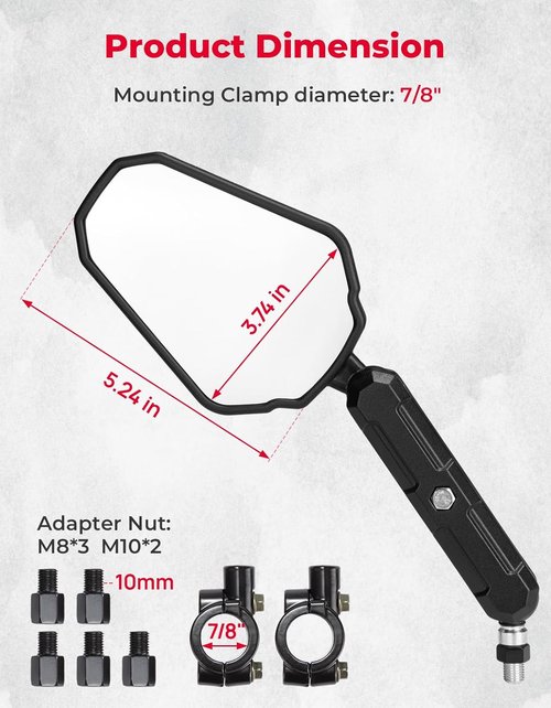 KEMIMOTO Universal Adventure Motorcycle Mirrors - Adjustable M8/M10 Bolt, 360° Convex, Foldable Design