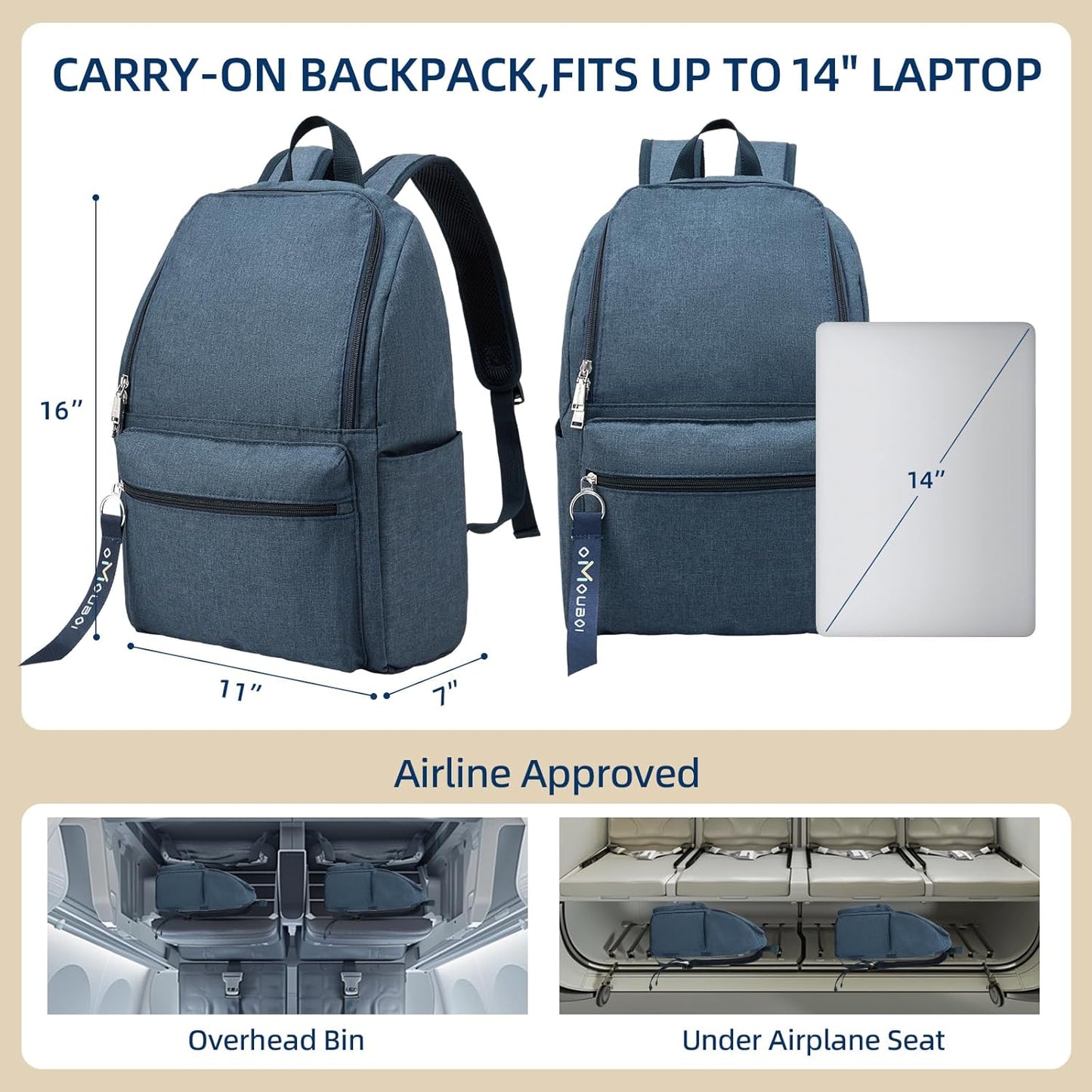 OMOUBOI Casual Daypack - Superbreak 14-Inch Laptop Backpack for Travel & Business - Blue