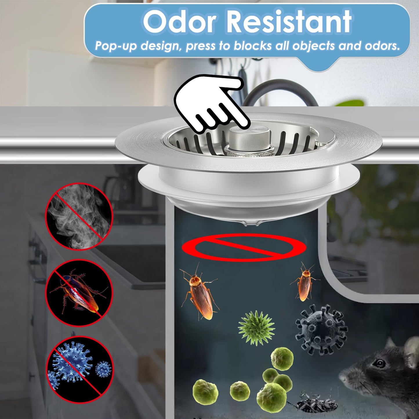 Semour 3 in 1 Kitchen Sink Drain Strainer, 304 Stainless Steel Kitchen Sink Stopper, Pop Up Kitchen Sink Strainer, Fast Drainage Anti-Clogging Sink Plug for US Standard 3-1/2 Inch Drain