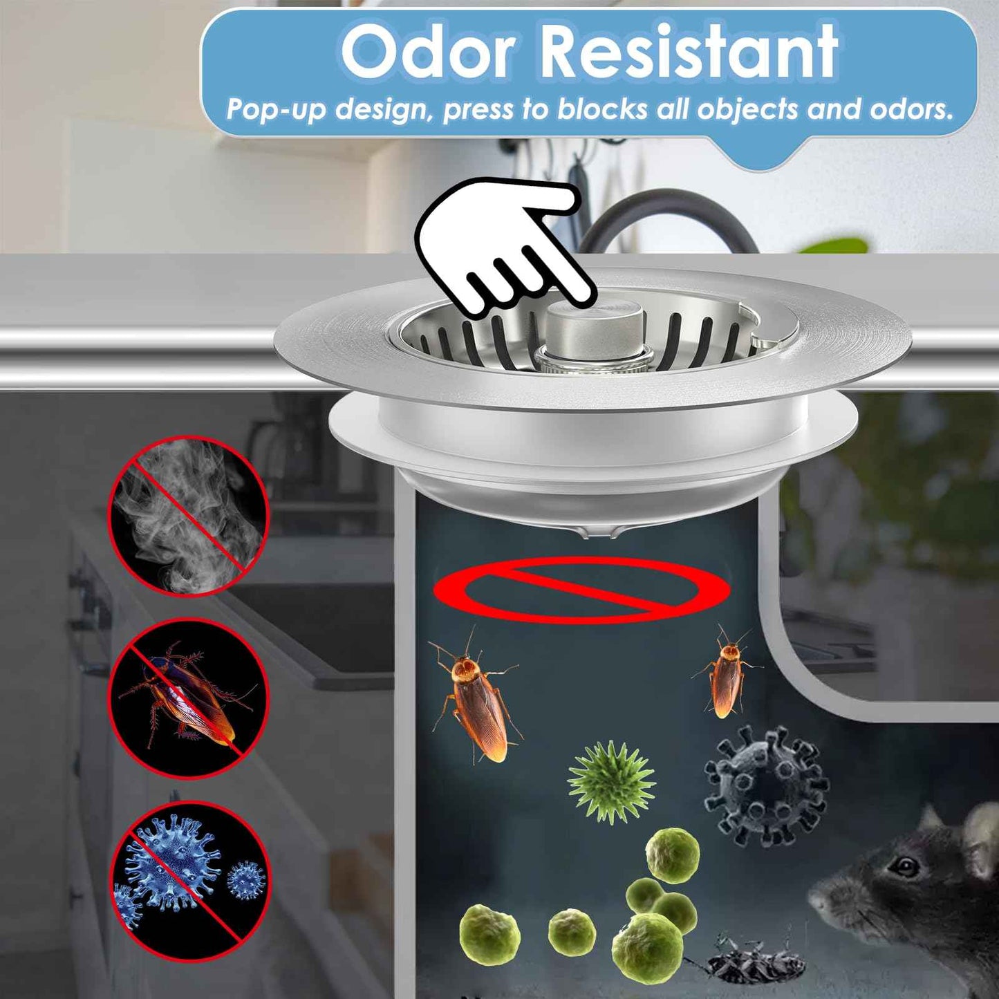 Semour 3 in 1 Kitchen Sink Drain Strainer, 304 Stainless Steel Kitchen Sink Stopper, Pop Up Kitchen Sink Strainer, Fast Drainage Anti-Clogging Sink Plug for US Standard 3-1/2 Inch Drain(2Pack)