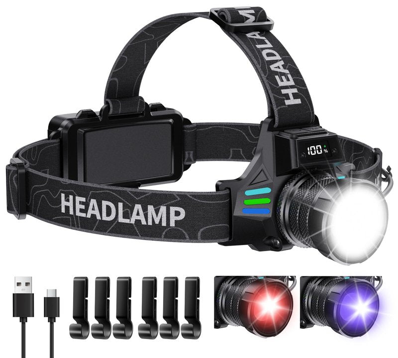 OMALIGHT Headlamp Rechargeable with White/Red/UV/Black Light Headlight,1080 High Lumens Super Bright LED Headlamps Battery Powered,16 Modes Waterproof Head Lamp for Hardhat Hunting Pet Urine Detection