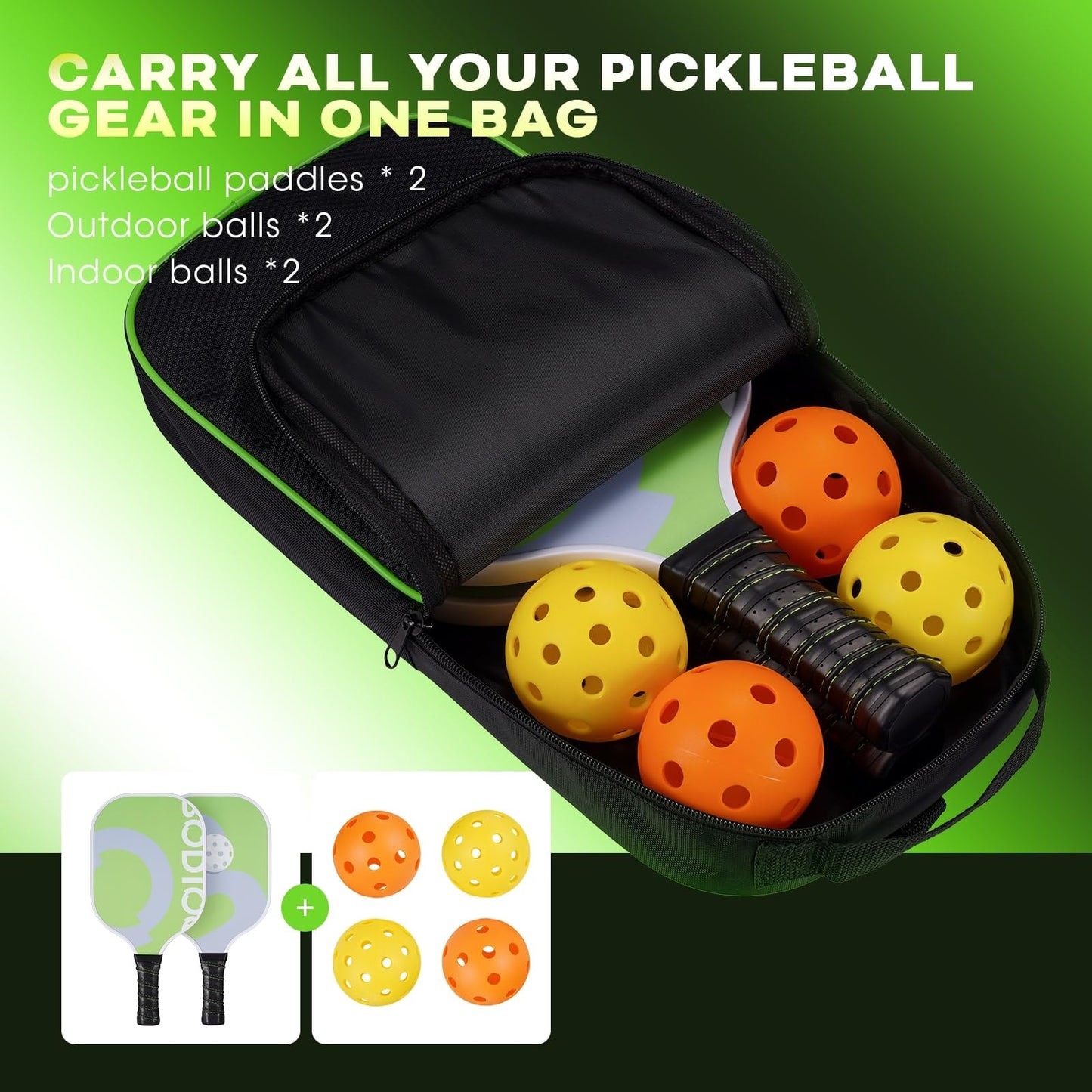 Pickleball Paddles Set of 2 Pickleball Set with Fiberglass Surface Polypropylene Honeycomb Core Pickleball Paddle Non-Slip Grip Lightweight Pickleball Rackets with 4 Pickleballs and Carry Bag