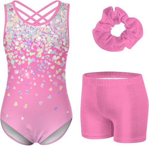 Idgreatim Gymnastics Leotards for Girls - Shiny Tumbling Unitards with Shorts | Sizes 5-10 Years