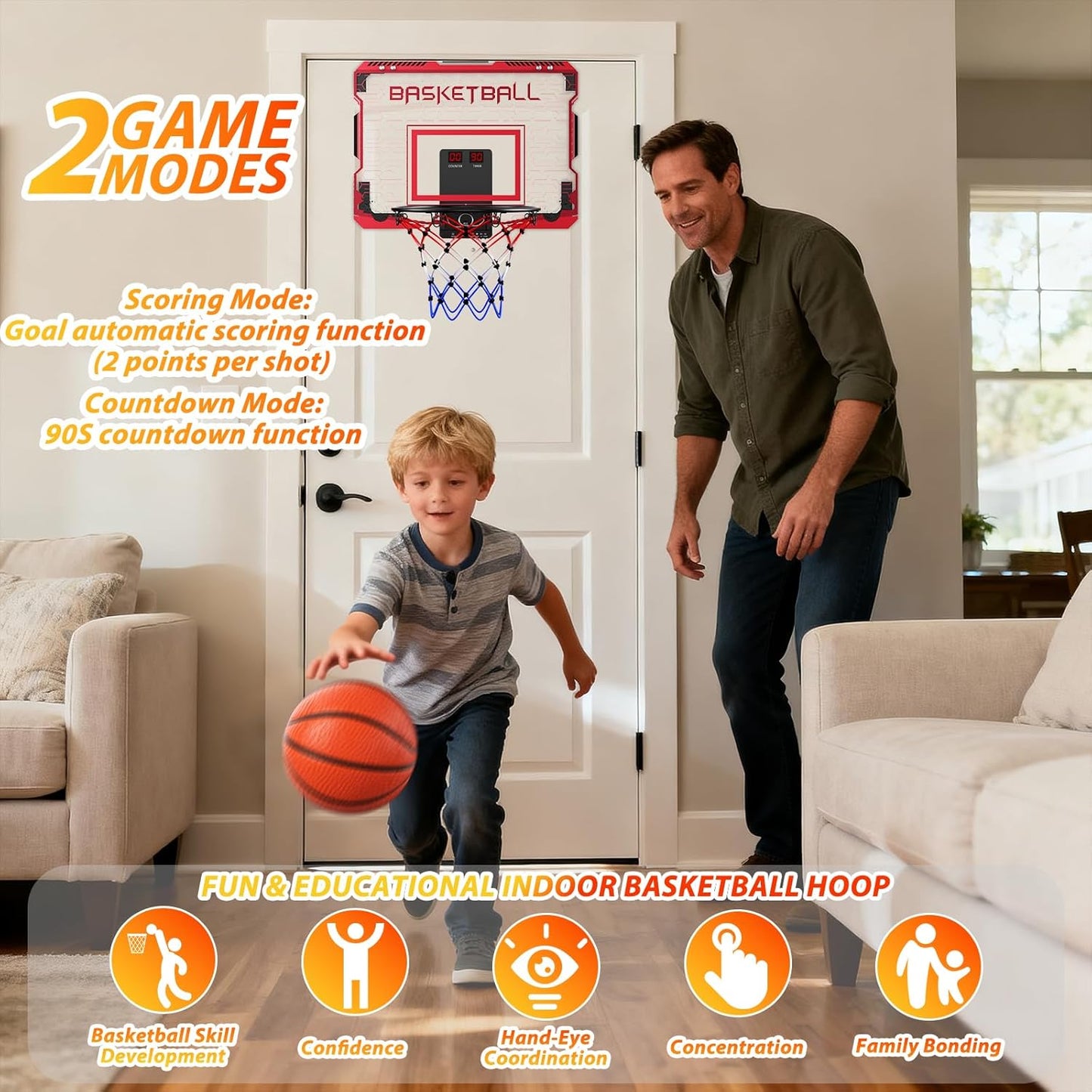 Skiennix Indoor Mini Basketball Hoop - Over The Door Design with LED Lights & Sound Effects | Includes 3 Balls, Perfect Sports Gift for Kids Ages 6-12