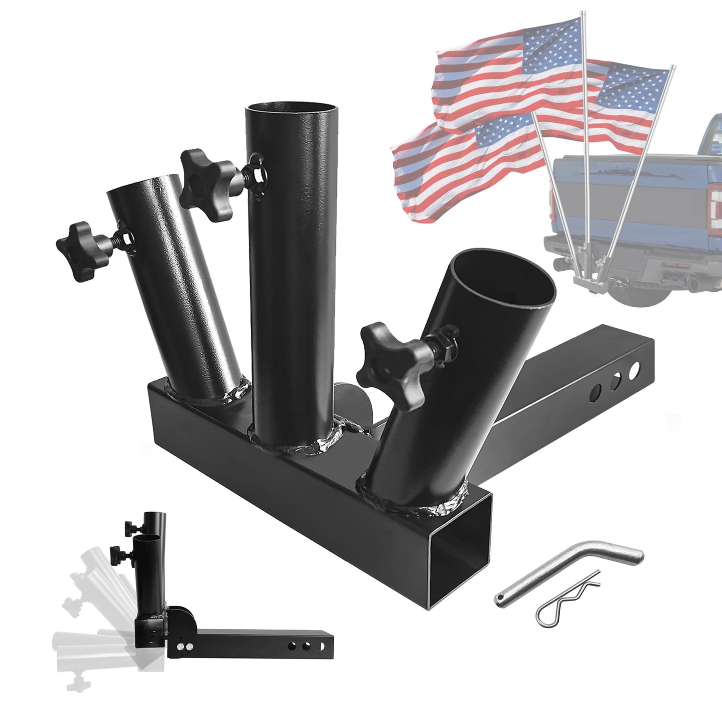 KAIRAY Foldable Hitch Mount 3 Flag Pole Holder Three-Headed flagpole Universal for Standard 2 inch Receiver fit for SUV RV Pickup