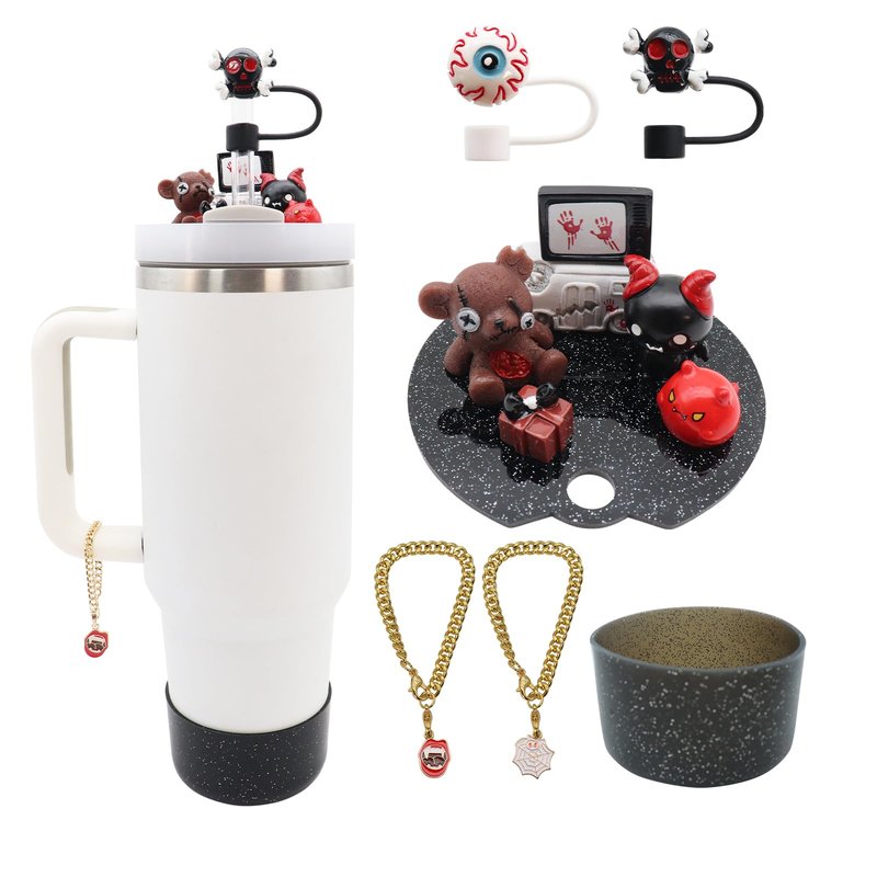 Cup Lid Topper Decoration for Stanley 40 oz，Halloween Stanley Cup Lid Accessories，Including Silicone Boot, Cute Straw Topper Cover Cap, Lid Charms，Cup Chain（G）