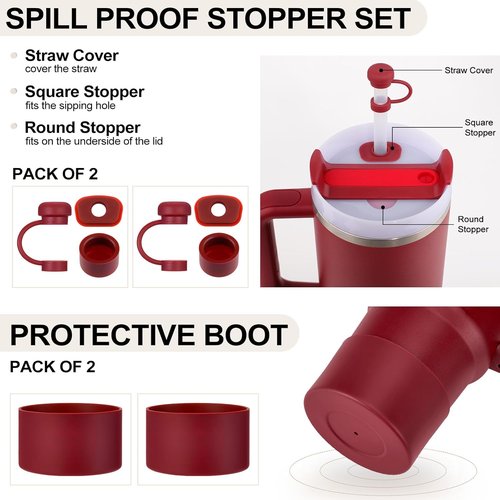 HYZ Silicone Spill Proof Stopper Set - 8 Piece Accessories for Stanley H2.0 Tumblers | Cranberry