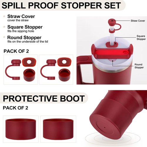 HYZ 8 Piece Accessories for Stanley Cup, Silicone Spill Proof Stopper Set and Protective Boot Including Straw Cover Cap for Stanley H2.0 20oz 30oz 40oz Tumbler, Cranberry