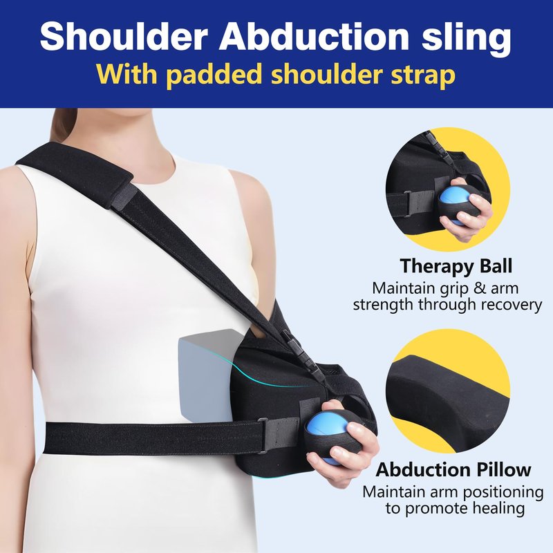 Abducted Shoulder Sling Immobilizer, Padded Rotator Cuff Support Brace with Removable Abduction Pillow and Exercise Ball for Right or Left Arm Pain Relief From Post-Surgery Recovery and Subluxation