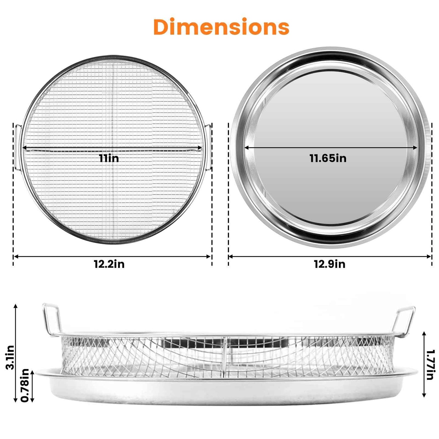 Air Fryer Basket for Oven,2 Pieces Set Round Silver 12.9'' Non-stick Stainless Steel Mesh Air Fryer Baking Tray Accessories Rack Roasting Grill Basket for Convection Oven Air Fryer, Dishwasher Safe