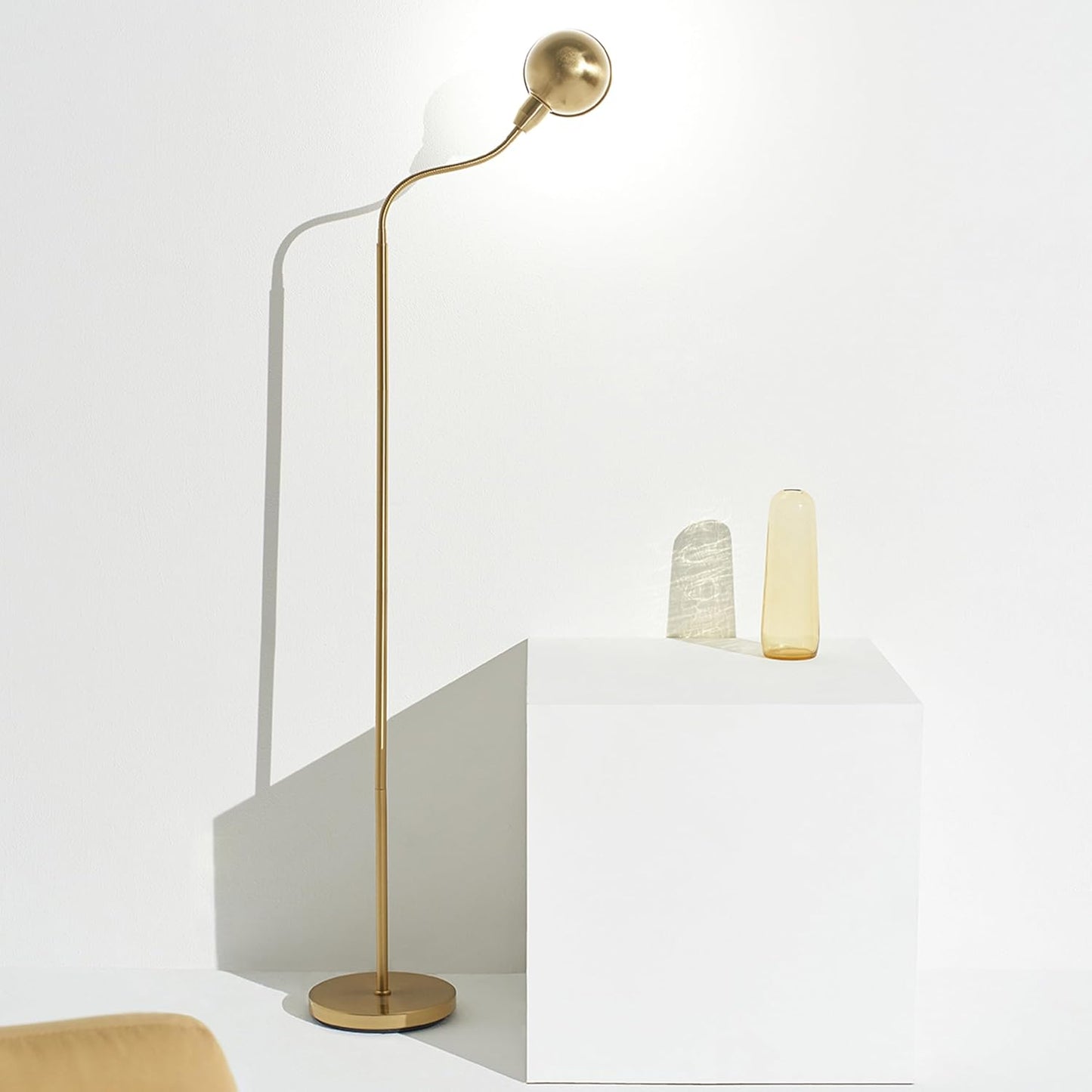 Brightech Regent LED Floor Lamp - Adjustable Gooseneck Corner Light for Office & Living Room - Tall Brass/Gold Design