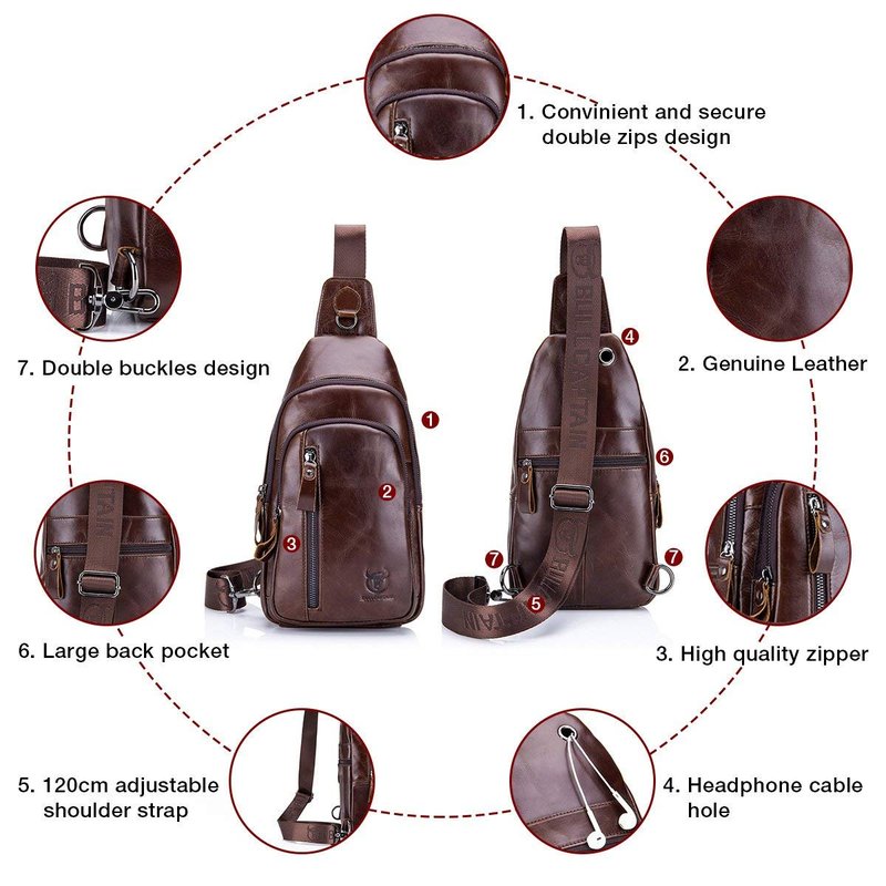 Sling Bag, Leather Chest Bag Crossbody Shoulder Business Backpack Outdoor Coffee